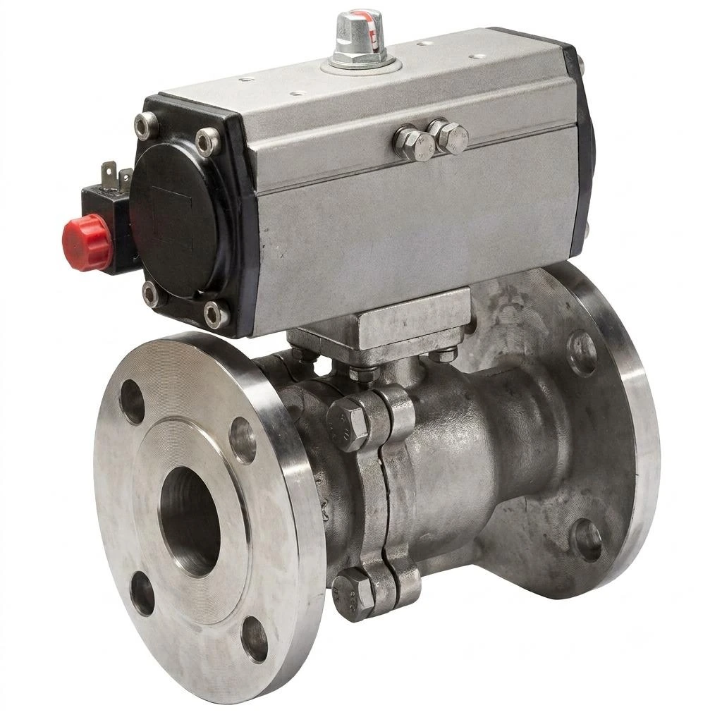 Pneumatic actuator mounted on a flanged ball valve
