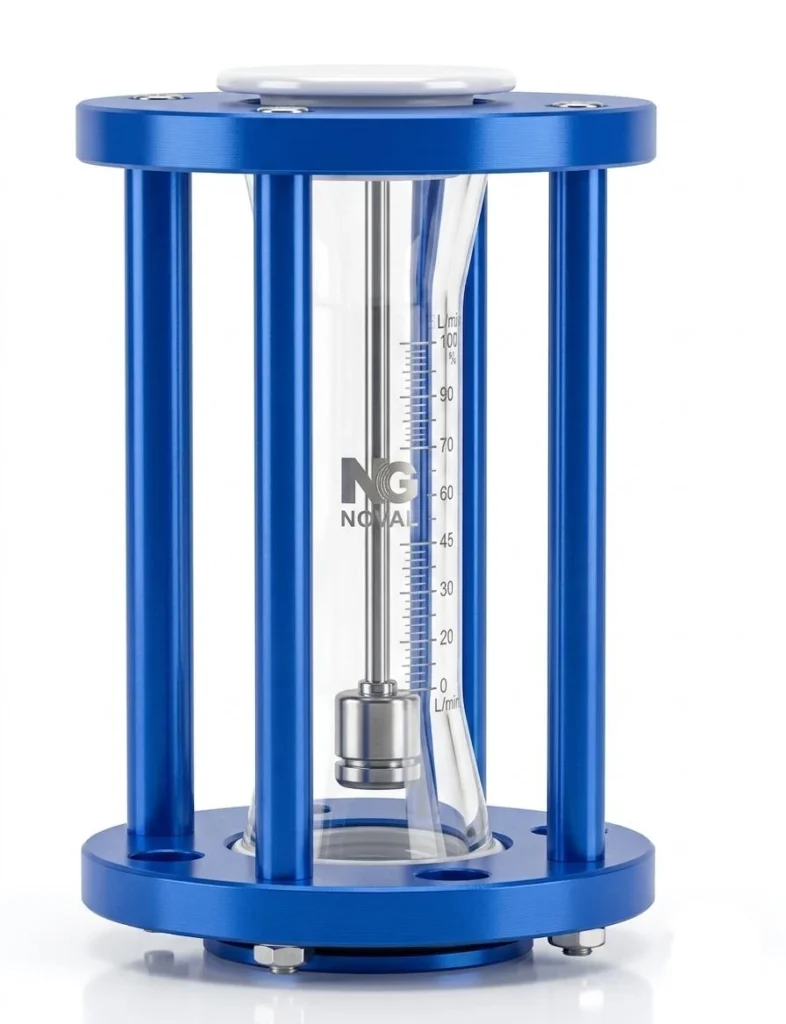 Blue-frame glass tube rotameter with visible flow scale